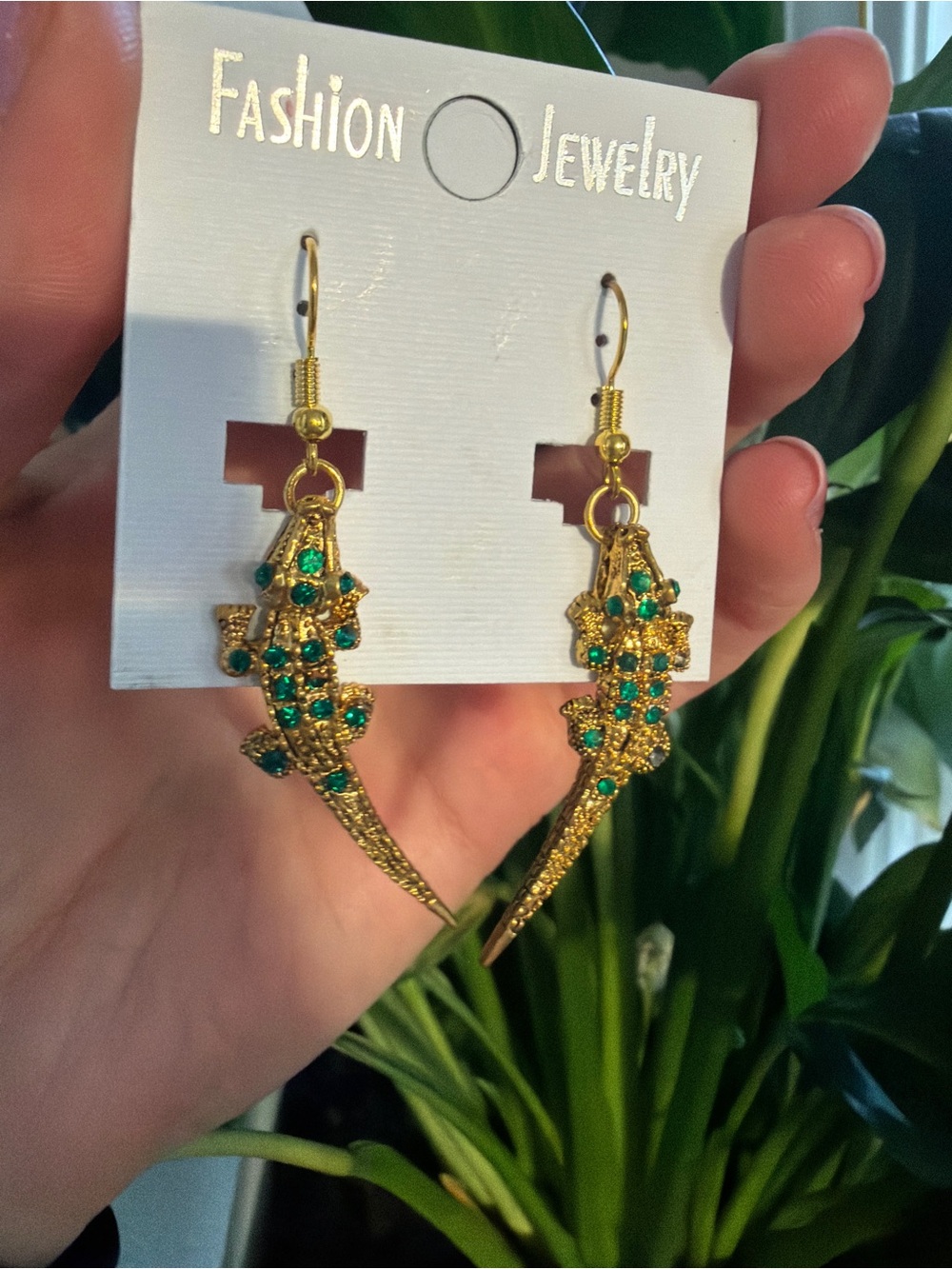 Fashion Jewelry Gold Lizard Earrings with Green rhinestones